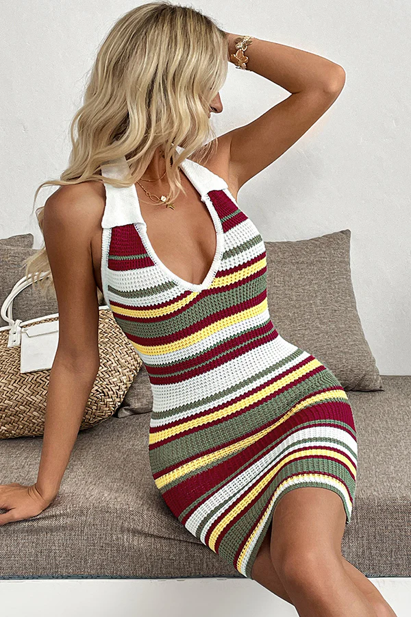 Colorful Stripe Print Halter Neck Casual Dress