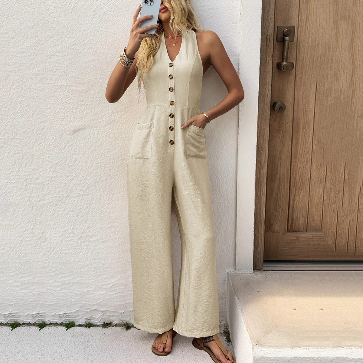 Fashion Solid Halter Neck Casual Jumpsuit