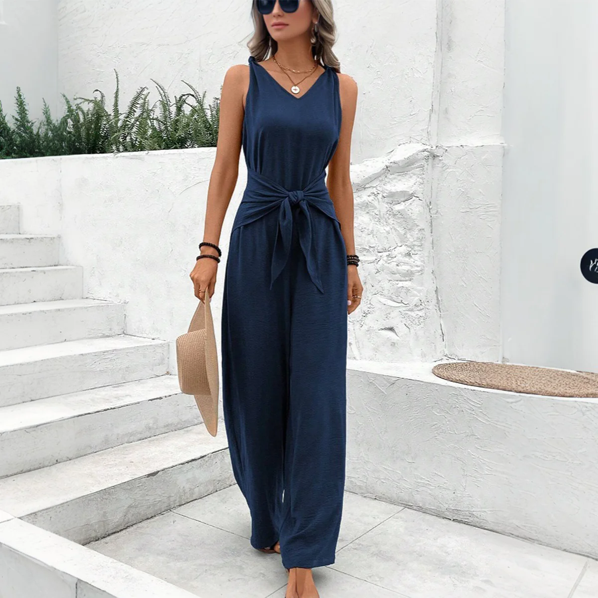 Fashion Solid Knot Front Casual Jumpsuit