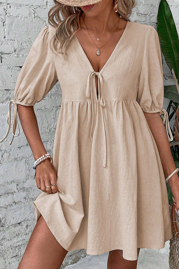 V Neck Solid Tie Front Casual Mini Dress